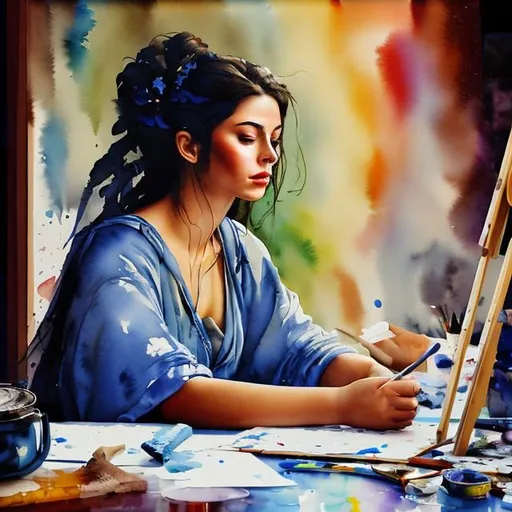 Prompt: A painter sat at his working desk, painting on a canvas a watercolor portrait of a beautiful woman's face. The painted woman's face is sad, tears drop from one eye. 