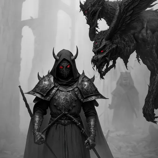 Prompt: Mystical photo of masked demons in rugged gear, engaged in fighting, highlighting the evil presence and teamwork in medieval settings, capturing the essence of hell and heaven, art by acclaimed portrait photographer, enchanting, foggy ambiance, mysterious lighting, dark tones, gothic aesthetic, hauntingly beautiful, trending on art platforms, art by dark fantasy artist.
