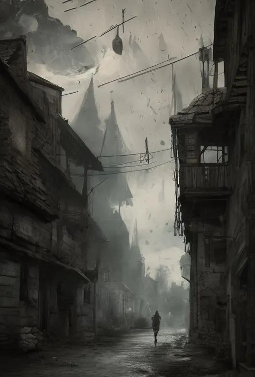 Prompt: dark creepy medieval fantasy town, landscape, rain, mud, wooden houses, dead trees