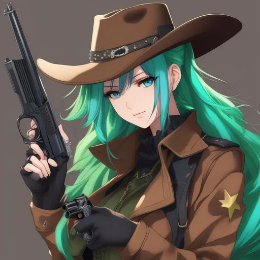 Prompt: She has a long, distinctive neon-green that fades to neon-blue hair in a ponytail, heterochromia eyes left eye green, right eye blue, wearing a long brown coat, grey vest, denim pants, black cowboy boots, holding a pistol, wearing a brown sheriff's cowboy hat, 8k, UHD, heavily detailed, anime style
