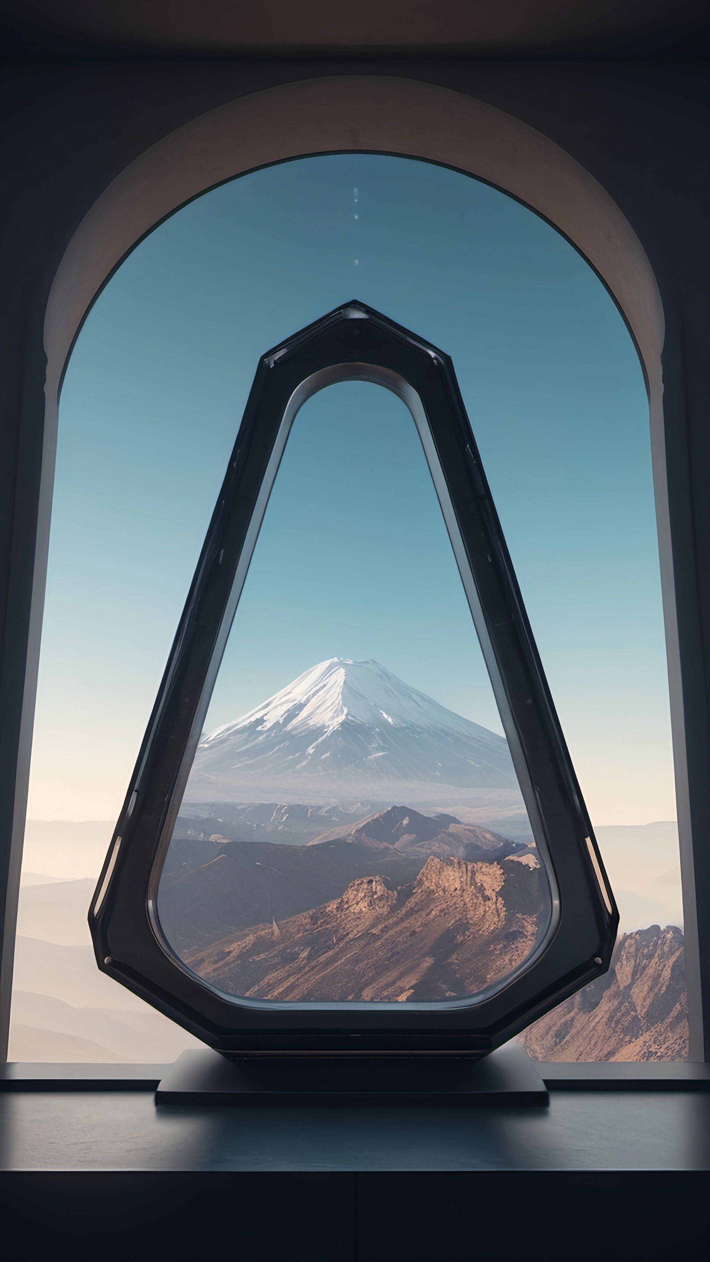 Prompt: a window with a view of a mountain and a sky view of a mountain range from inside a window