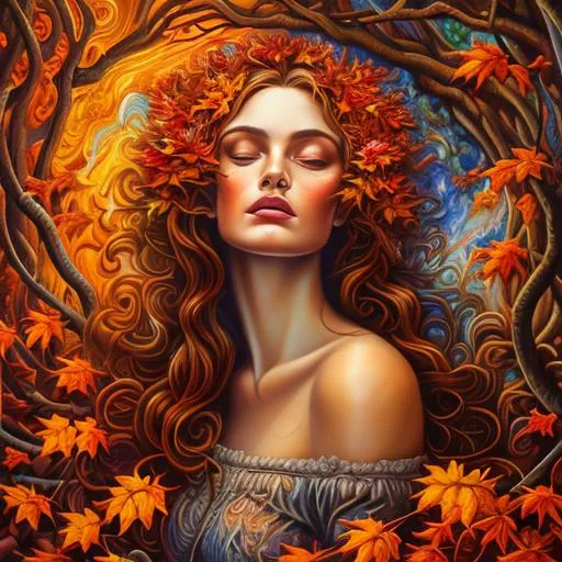 Prompt: an oil painting of the autumnal equinox,a woman surrounded by autumn leaves, an airbrush painting by Josephine Wall, deviantart, psychedelic art, airbrush art, detailed painting, pre-raphaelite, 3d render, rococo art