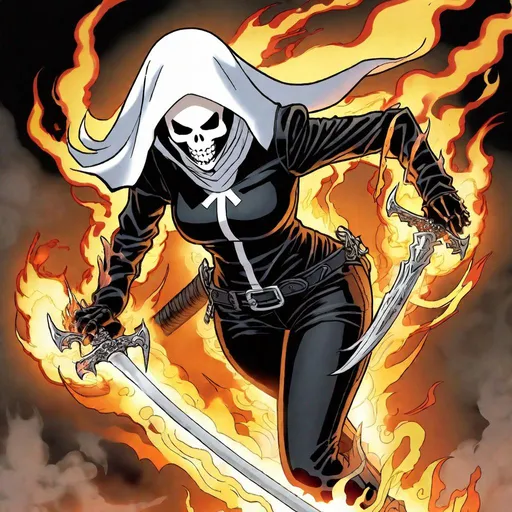Prompt:  "The Enigmatic Anime Female Ghost Rider Nun: A Tale of Vengeance, Faith, and Eternal Flames"

Introduction:
In the vast realm of anime, there exist a myriad of unique and captivating characters, each with their own extraordinary abilities and stories. Imagine an enigmatic figure, a female Ghost Rider Nun, who possesses a flaming whip, a perfect autonomy, a slim muscular body tone clad in Nordic armor, adorned with Victorian tattoos, and a flaming skull for a head. This character is a symbol of juxtaposition, combining elements of strength and vulnerability, mysticism and faith, vengeance and salvation.

Body:

I. The Origins of the Anime Female Ghost Rider Nun
A. Introduction to the character's background
B. Mysterious circumstances surrounding her transformation
C. Her connection to Nordic mythology and Victorian-era mysticism

II. A Flaming Whip of Retribution
A. The supernatural origins of her whip
B. Its deadly abilities and symbolism
C. The lore surrounding the whip's creation and power

III. Perfect Autonomy and Slim Muscular Body Tone
A. The significance of her perfect autonomy
B. The portrayal of her slim yet muscular physique
C. The fusion of strength and femininity in her character design

IV. Nordic Armor and Victorian Tattoos
A. The choice of Nordic armor in her attire
B. The symbolism behind Victorian tattoos on her body
C. How her appearance reflects her character's complex identity

V. A Flaming Skull for a Head: The True Nature of Her Existence
A. The curse or blessing of her flaming skull
B. How she copes with her skeletal appearance
C. The exploration of her identity and duality as both a ghost and a rider

Conclusion:
The concept of an anime female Ghost Rider Nun with a flaming whip, perfect autonomy, a slim muscular body tone, Nordic armor, Victorian tattoos, and a flaming skull head is a fascinating and intricate one. This character embodies the coexistence of opposing elements, blending strength with vulnerability, faith with mysticism, and salvation with vengeance. As we delve into her origin, powers, appearance, and identity, we are left with a character that challenges conventional anime archetypes and offers a captivating narrative of inner turmoil, redemption, and retribution. Such a character is a testament to the limitless creativity and diversity found in the world of anime, captivating audiences with its depth and uniqueness.