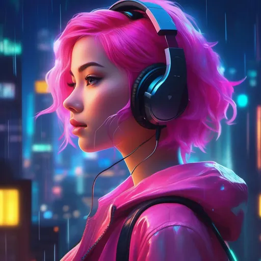 Prompt: A cute girl with vibrant pink hair and wearing a cat-themed headset, surrounded by a futuristic cityscape at night, shimmering with colorful neon lights and reflecting in the rain-soaked streets below. The girl exudes confidence as she stands on a rooftop, overlooking the metropolis, her hair gently blowing in the wind. The scene is reminiscent of the iconic keyvisual style of Masamune Shirow, known for his dynamic cyberpunk illustrations that perfectly blend technology and aesthetics.