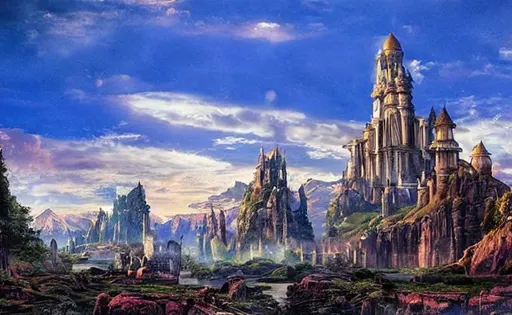 Prompt: beautiful fantasy landscape, photorealistic, high resolution, high quality, mountains, river, high fantasy, magical, vivid, large temple, massive palace