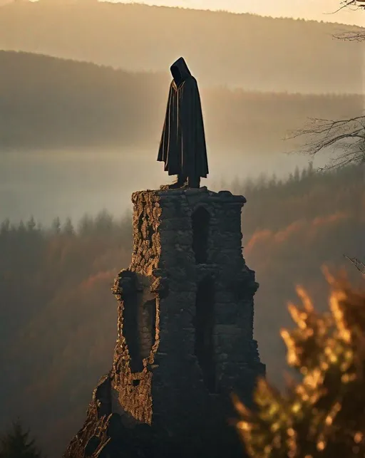 Prompt: A lone cloaked figure stands at the peak of a crumbling stone tower overlooking misty hills and old forests. Shot at golden hour with a telephoto lens for dramatic lighting. Fantasy, mystical, ancient.