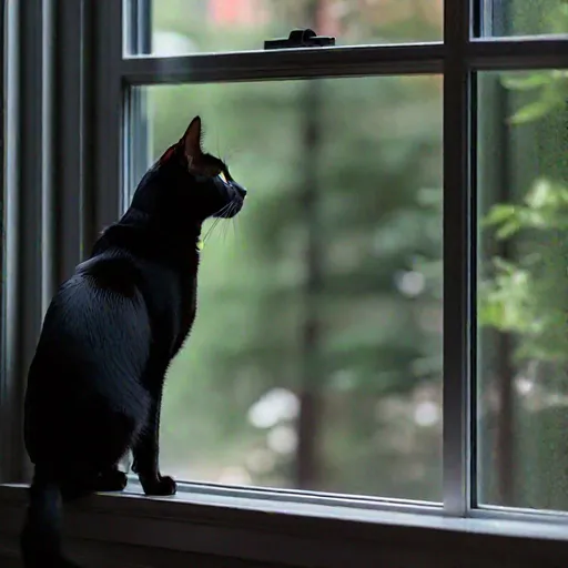 Prompt: Damien  (male, short black hair, red eyes) staring out the window, stalking