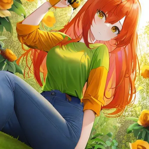 Prompt: anime girl with orange hair sitting on a giant flower with a green shirt and light blue jeans and bees flying around