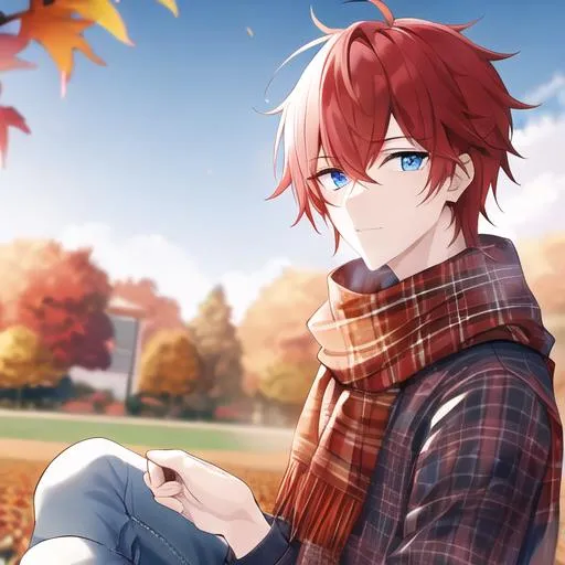 Prompt: Zerif 1male (Red side-swept hair covering his right eye, blue eyes), highly detailed face, wearing a cozy flannel shirt and a pair of stylish jeans. In the park, fall.  wearing a scarf, looking up at the sky, in a pumpkin patch,  young adult. Handsome,  detailed, UHD, HD, 4K, highly detailed, red haze, masculine, anime style
