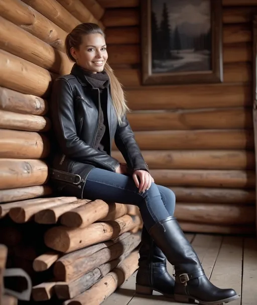 Prompt: Supermodel in ponytail, smiling, sitting against wall in log cabin in living room, dressed black leather moto coat, tight jeans and tall buckle boots, 12K full frame, ISO 400, detailed face, intricate leather textures, high-quality, professional, detailed eyes, realistic, polished leather, atmospheric lighting