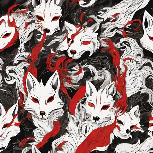Prompt: A specially designed unique Kitsune mask that is black white and red