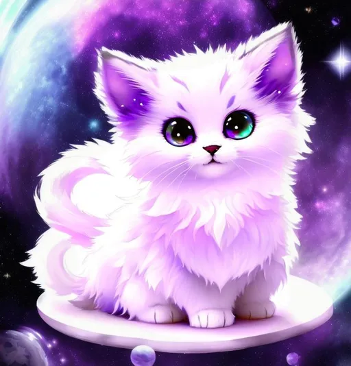 Prompt: Cute, purple, fluffy, fantasy space kitten, with starry, purple eyes, purple fur, and possessing the element of space and making circles of stars
 move around in the air in a magical way, in a space background. Perfect features, extremely detailed, realistic. Krenz Cushart + loish +gaston bussiere +craig mullins, j. c. leyendecker +Artgerm.