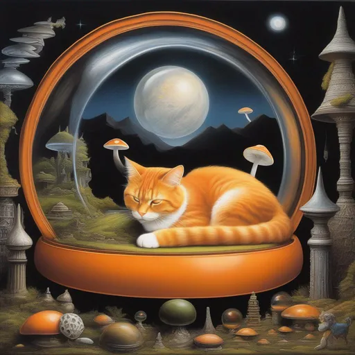 Prompt: an orange house cat sleeping in a magic circle, terrarium, vivarium, Orgonite pyramids, Mushroom Cloud, by H. R. Giger, by Dr. Seuss, 