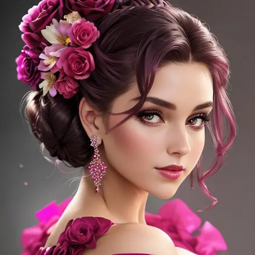 Prompt: Beautiful woman portrait wearing an magenta evening gown, elaborate updo hairstyle adorned with flowers, facial closeup