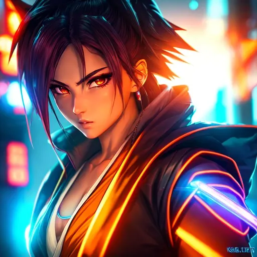 Prompt: Quality, 8k, detailed, cyberpunk, anime, hood, beautiful, face, neon backlight, woman, goku