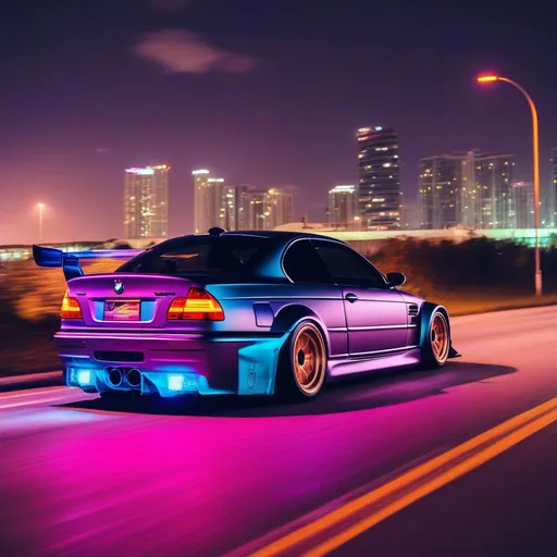 Prompt: 2001 BMW M3 E46 GTR, synthwave, aesthetic cyberpunk, miami, highway, dusk, neon lights, coastal highway, dusk, neon lights, coastal highway, sunset, drift, nurburgring