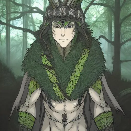 Prompt: A male druid warrior at night time in a dimly lit forest wearing intricate green colored dragon scale armor that has runes etched into it themed in the art style of the anime called m.d. geist 