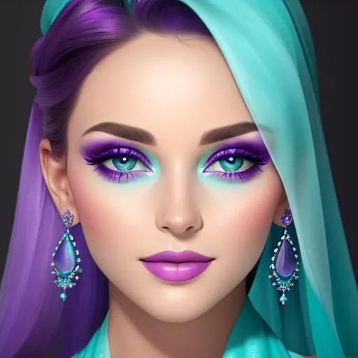 Prompt: Beautiful ethereal beauty,  color scheme of  aqua and purple, facial closeup