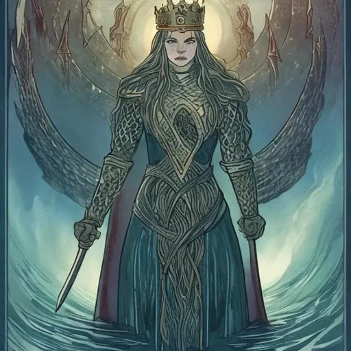 Prompt: Mæg, inter dimensional time traveller, Lady of the Lake, Keeper of the Sword of Kings, Queen of Atlantis, Holy Grail