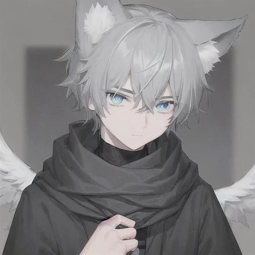 Prompt: A boy, he has angel wings and dog ears, cool black grey and blue clothes, white hair but the end of his dog ears are gray, he has a blue scarf, he looks tenebrous, his eyes are gray