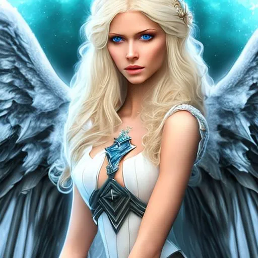 Prompt: Paladin girl with angel wings, blond long hair, blue eyes, beautiful face. Sharp face, sharp eyes. Super realism. Ultra quality pictures.
