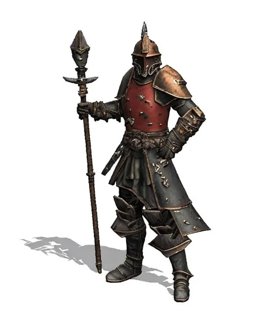 Prompt: Fantasy. Guardsman. rusty armour-leather. top-.helmet. small-chest plate. Halberd. shabby looking.  
