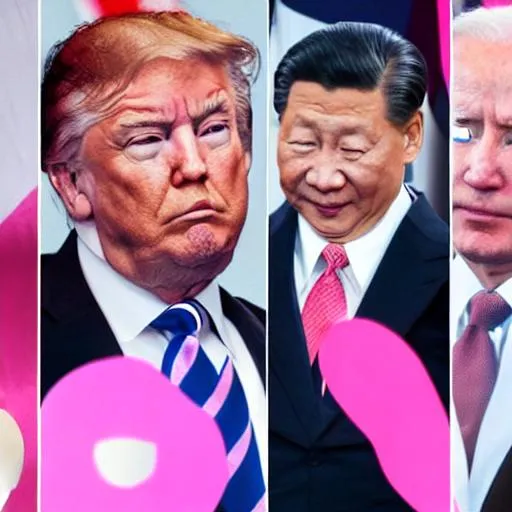 Prompt: Trump, biden, putin, staling, xi jingpin, mao zedonghe are having a pink tea party