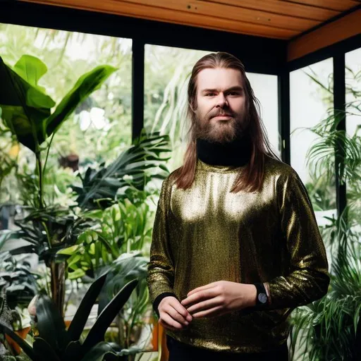 Prompt: Norwegian DJ with long hair and a big bushy beard. He is wearing a black turtle neck and gold necklace. Danish modern house with tropical plants.