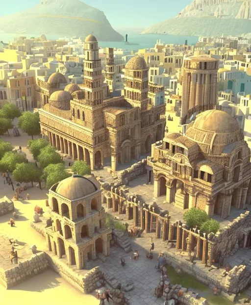 Prompt: make the city with high pillars, more merchants with tents and more greece/medival, colour and shiny, lots of different pillared buildins