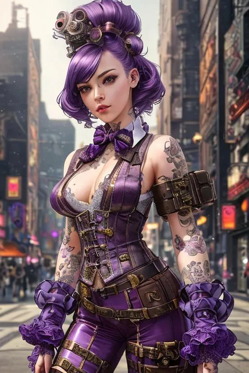 Prompt: ((best quality)), ((masterpiece)), ((realistic)), (detailed) illustration photographic , steampunk attractive woman, beautiful face, cute,  full body, purple hair colour, perfect composition,cyberpunk street wear , hd octane render ,high resolution scan, masterpiece, hyperrealism, delicate detailed complex, highly detailed, intricate detailed, volumetric lighting, light reflection, highly detailed concept art, trending on artstation, vivid colors, melancholic, green poison cloud background, loneliness, depressing, hopelessness, suffering
(((close up face shoot))), dim lights, 8k uhd, realistic, Nikon z9, raytracing, focus face, (sharpness:2. 0)