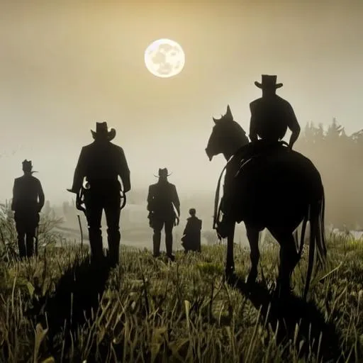 Prompt: aesthetic Red Dead Redemption 2 characters standing by their graves in the moonlight in the deep night