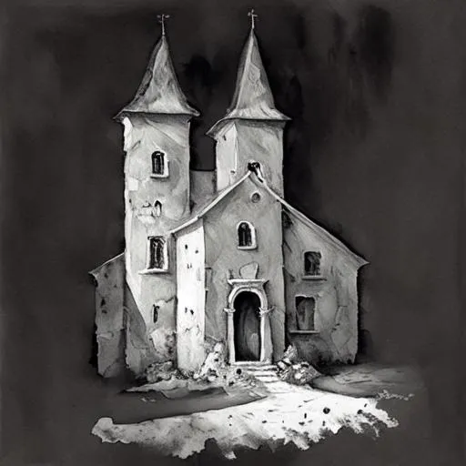 Prompt: a Black and white painting of a medieval style house done in oil paint