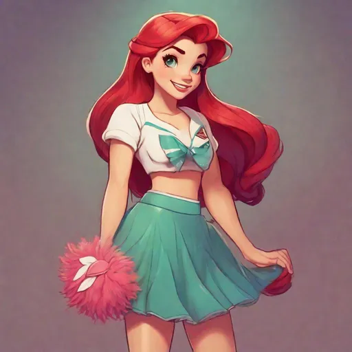 Prompt: Vivid, detailed, Disney art style, full body, Ariel Disney Princess, Hair part on left side, full body, cute, cheerleader