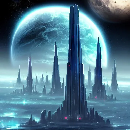 Prompt: Futuristic Tall black towers on deep dark ocean dark sky spaceships night lights hover ships dark tall city lots and lots of small floating ships hovering above clouds big planet with rings closeby spaceships hovering