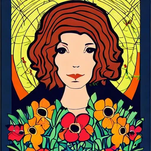 Prompt: auburn haired woman golden dress planting flowers with blackbirds black bird medieval madonna hibiscus art deco