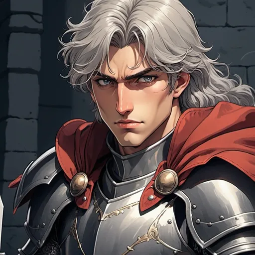 Prompt: man, handsome, knight, jouster, on a horse, muscular, silver armor, holds a lance, holds a handkerchief, stern, 2D art, illustration, detailed facial features, dramatic lighting, 90s anime, 80s anime, anime screencap, cartoon, 2d art, romance novel cover, anime art style, castlevania anime, beserk anime