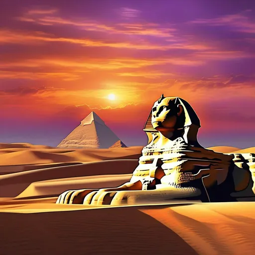 Prompt: Create an ethereal art piece that captures the awe-inspiring scene of the Great Sphinx of Giza and the Pyramids at sunset. The sky is painted with hues of warm oranges and purples, casting a gentle glow over the ancient structures. The Great Sphinx, with its majestic lion's body and human face, stands proudly in front of the Pyramids, its weathered stone bearing the weight of centuries. The Pyramids, with their precise geometry, rise powerfully from the desert sands, their edges catching the last rays of the setting sun. A sense of mystery and timelessness permeates the scene, hinting at the history and stories these ancient monuments hold. Ensure the best resolution and high quality of the image.