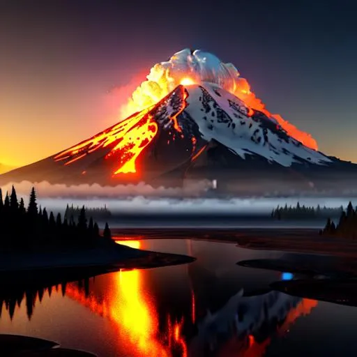 Prompt: Mt Rainer, Washington state, an explosive, violent volcanic  eruption at dawn, pyroclastic flows, molten lava, insanely detailed, insanely realistic, insane details,  and art by  unreal engine 5, Detailed Render eye candy Breathtaking 8k Greg Rutkowski Artgerm WLOP Alphonse Mucha dynamic lighting hyperdetailed intricately detailed Splash art Artstation triadic colours volumetric lighting, unreal engine 5, insane detail, ultra-realistic, frostbite 3 engine, CryEngine, 