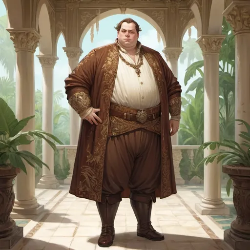 Prompt: Full body, Fantasy illustration of a male Gouverneur, chubby and decadent, pale complexion, short brown hair, rich traditional garment, bored expression, high quality, rpg-fantasy, detailed, in a tropical palace 