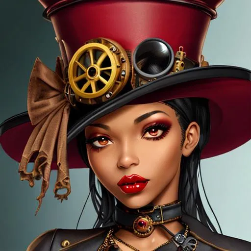 Prompt: black steampunk woman ,very pretty face, red lips, with a hat, closeup