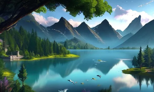Prompt: A beautiful poster of a video game character, a highly detailed dragon flying over a lake featuring Ray Tracing Reflections, FXAA, Post Processing, and Post-Production. romantic, ethereal, beautiful landscape, high resolution