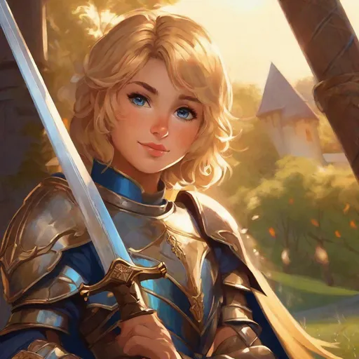 Prompt: a young adult {femboy}, medieval knight paladin holding a sword, detailed face, short brown to blonde hair, dark blue eyes, sun tanned skin, skin spores, round shaped nose, round cheeks, metal armor.