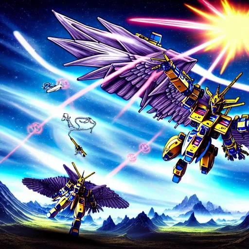 Prompt: HDR, UHD, 64K, viking, highly detailed ultimate gundam riding flying pegasus and a glowing detailed ufo hovers cross symbol, rhads, global illumination, surrounding forest, akira toriyama, crystals