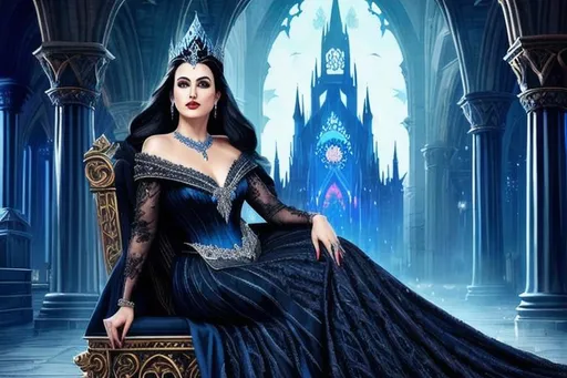 Prompt: illustration art of a beautiful evil queen, black hair, blue eyes glowing, wearing a dark blue dress with silver details and a feathered train, sitting on a diamond throne, cathedral background, front, wearing body accessories, epic Instagram, artstation, hyper-detailed intricately detailed , unreal engine, fantastical, intricate detail, splash screen, complementary colors, fantasy concept art, 8k, deviantart masterpiece, oil painting, heavy strokes, splash arts