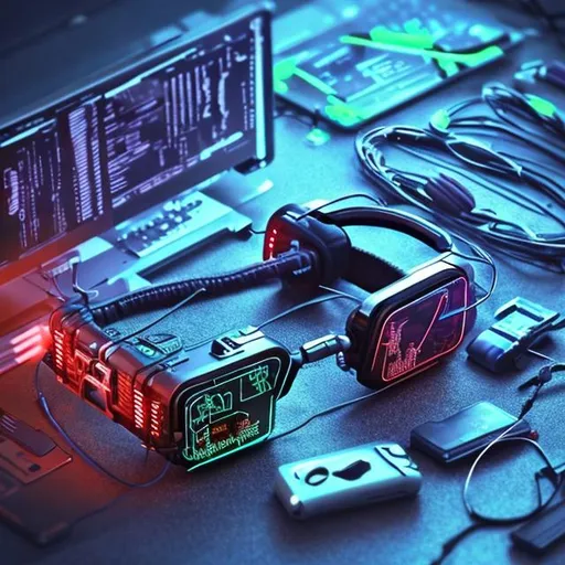 Prompt: Cyberpunk glasses, headphones, wires, phones, technology, trains, etc.