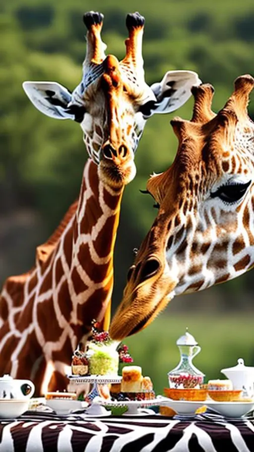 Prompt: giraffe having a tea party with her friend zebra