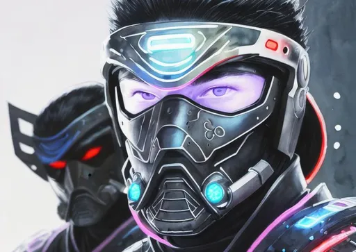 Prompt: Watercolor portrait of a futuristic neon ninja samurai helm with markings and a CYBERNETIC men-yoroi mask, perfect composition, hyperrealistic menpo, super detailed mengu, 8k, high quality, trending art, trending on artstation, sharp focus, studio photo, intricate details, highly detailed, by greg rutkowski, illustration, watercolor, BY YUJI SHINKAWA