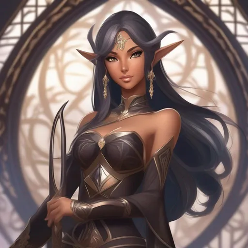 Prompt:  anime waifu character as an 
dark elf, very tanned embodying beauty and allure. Give her a unique touch with wide hips and thick thighs, enhancing her graceful and alluring presence. Craft an outfit that seamlessly blends fantasy and elegance, reflecting her elven heritage while accentuating her captivating figure.