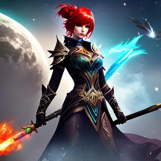 Prompt: Guild Wars 2, Epic Moment, Warrior, Female, Red Hair, holding a teacher stick, 