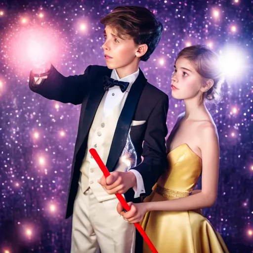 Prompt: Boy in a tuxedo casting a magic spell with his magic wand shaped like a stick about 6 inches long and standing next to his girlfriend who is in a big red puffy sparkly ball gown at prom